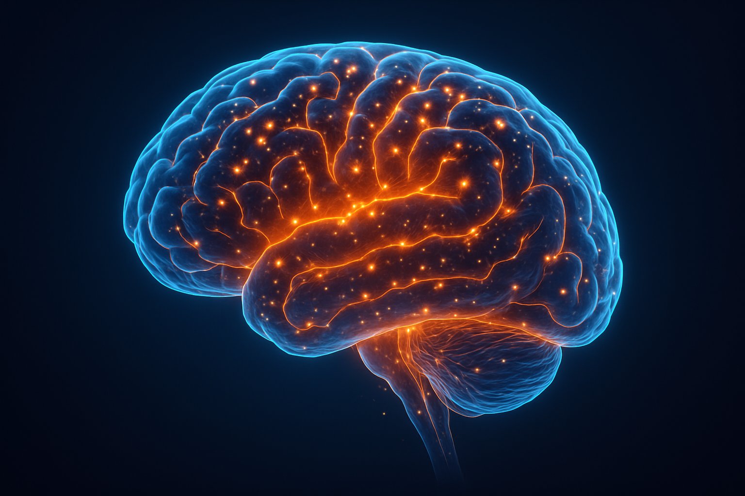 빛나는 뇌의 활동을 보여주는 디지털 일러스트 이미지 – 집중력과 기억력을 상징하는 시각 요소