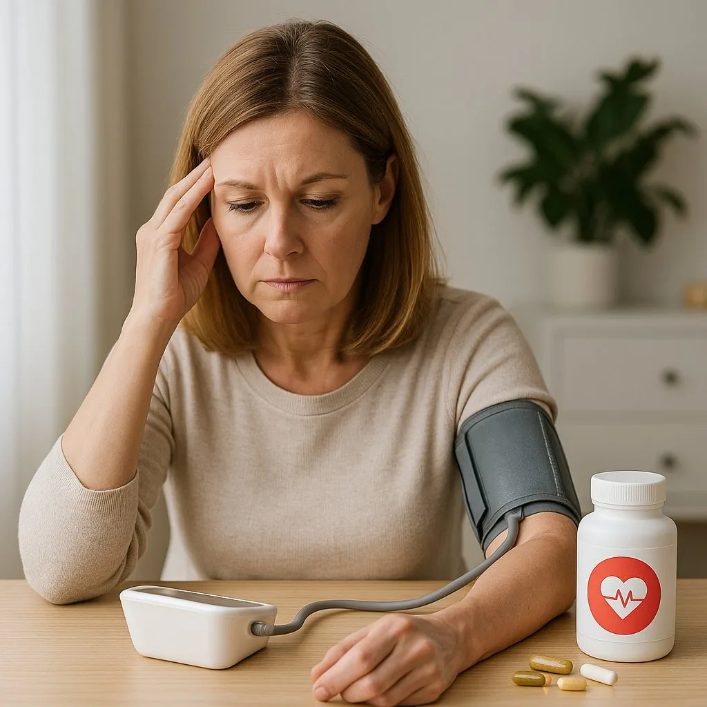 혈압을 측정하며 고민하는 중년 여성, 옆에 다양한 영양제 알약과 보충제 병이 놓여 있음