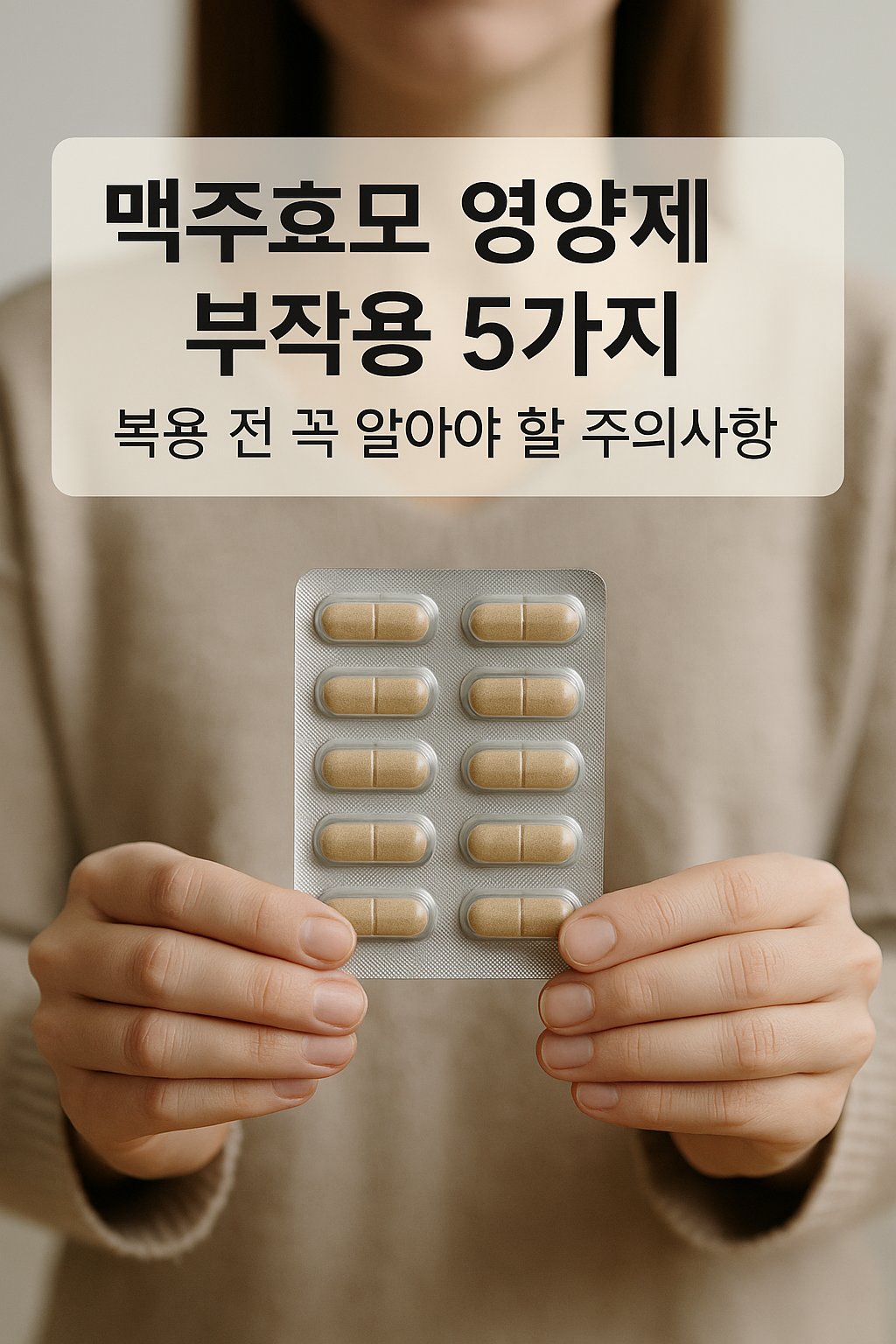 맥주효모 영양제 알약이 담긴 블리스터 팩을 들고 있는 여성의 손. 상단에는 '맥주효모 영양제 부작용 5가지 – 복용 전 꼭 알아야 할 주의사항'이라는 한글 텍스트가 표시되어 있음.