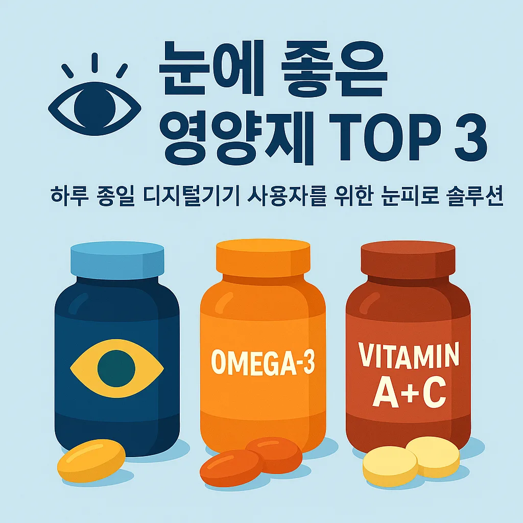 눈 건강에 좋은 루테인, 오메가-3, 비타민 A+C 영양제를 소개하는 일러스트 이미지. 각각의 영양제가 담긴 병이 나란히 배치되어 있고, '눈에 좋은 영양제 TOP 3'라는 문구가 상단에 표시되어 있음.