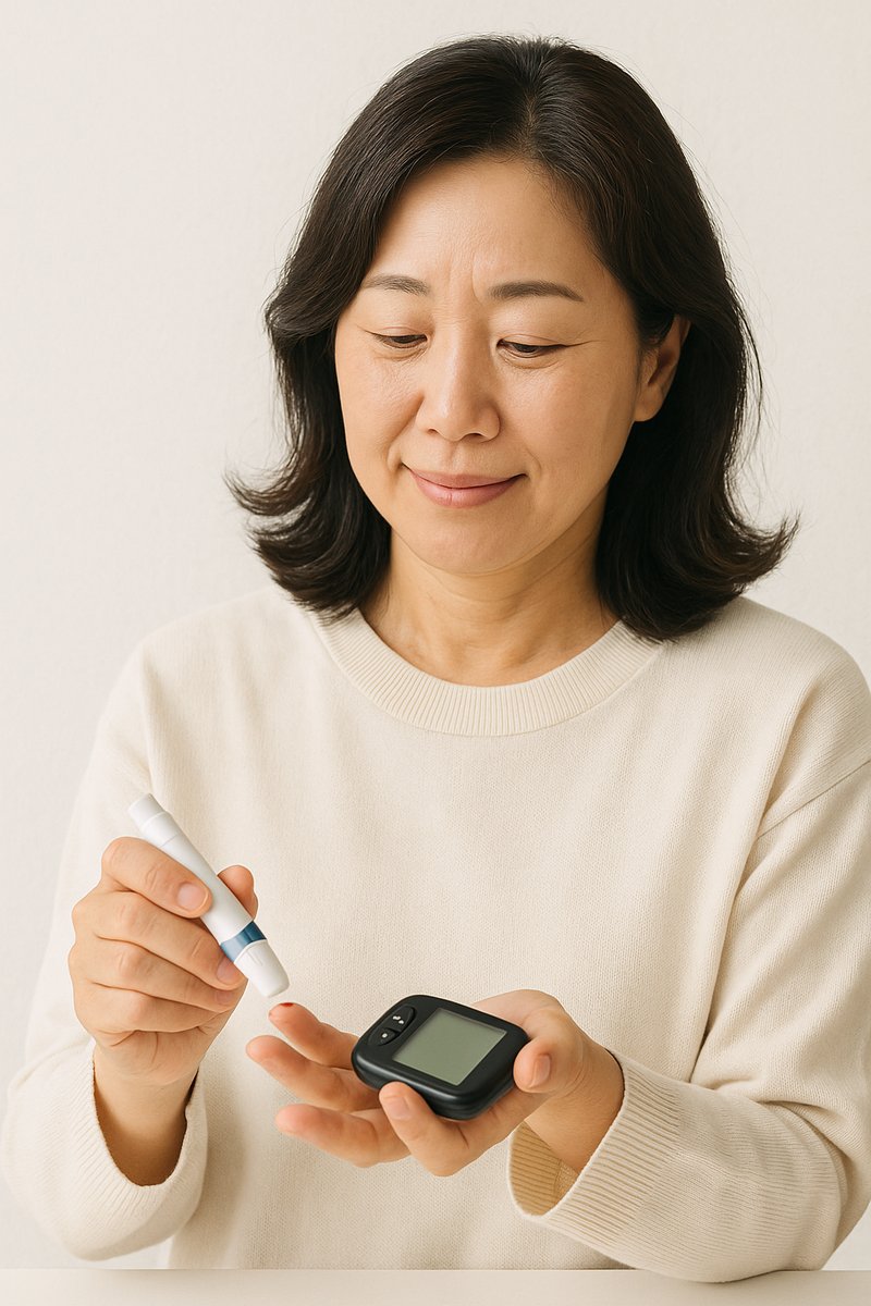 중년 한국 여성 환자가 손끝에 채혈하여 혈당을 측정하는 모습. 당뇨병 영양 관리와 관련된 건강 교육 이미지.