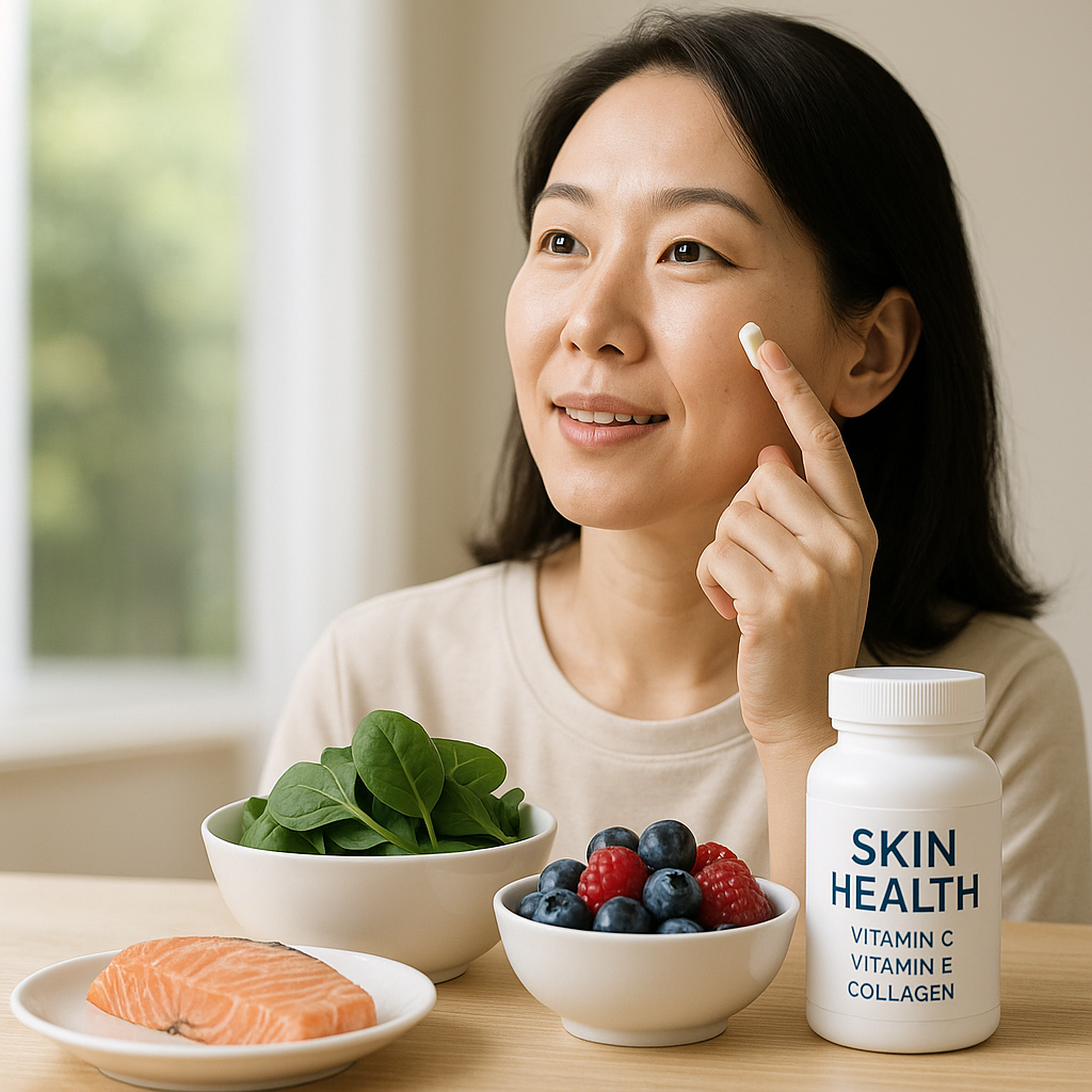 한국인 여성이 피부 건강을 위해 영양제를 복용하며, 옆에는 연어, 시금치, 베리류 등 피부에 좋은 식재료가 놓여 있다.