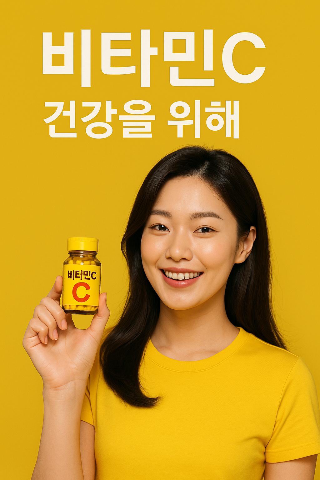 밝은 노란 배경 앞에서 비타민C 병을 들고 미소 짓는 한국인 여성