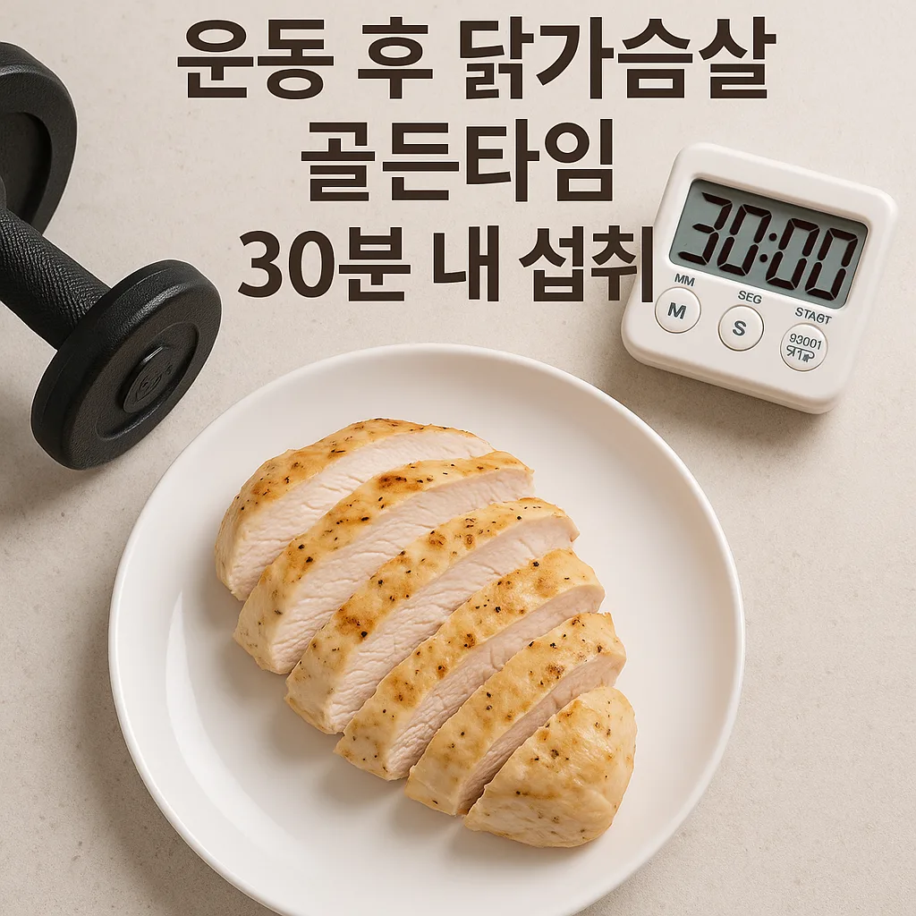 헬스장에서 운동 후 30분 이내에 닭가슴살을 섭취하는 중요성을 강조하는 이미지. 접시에 담긴 닭가슴살과 30분을 표시한 타이머, 아령이 함께 배치된 장면.