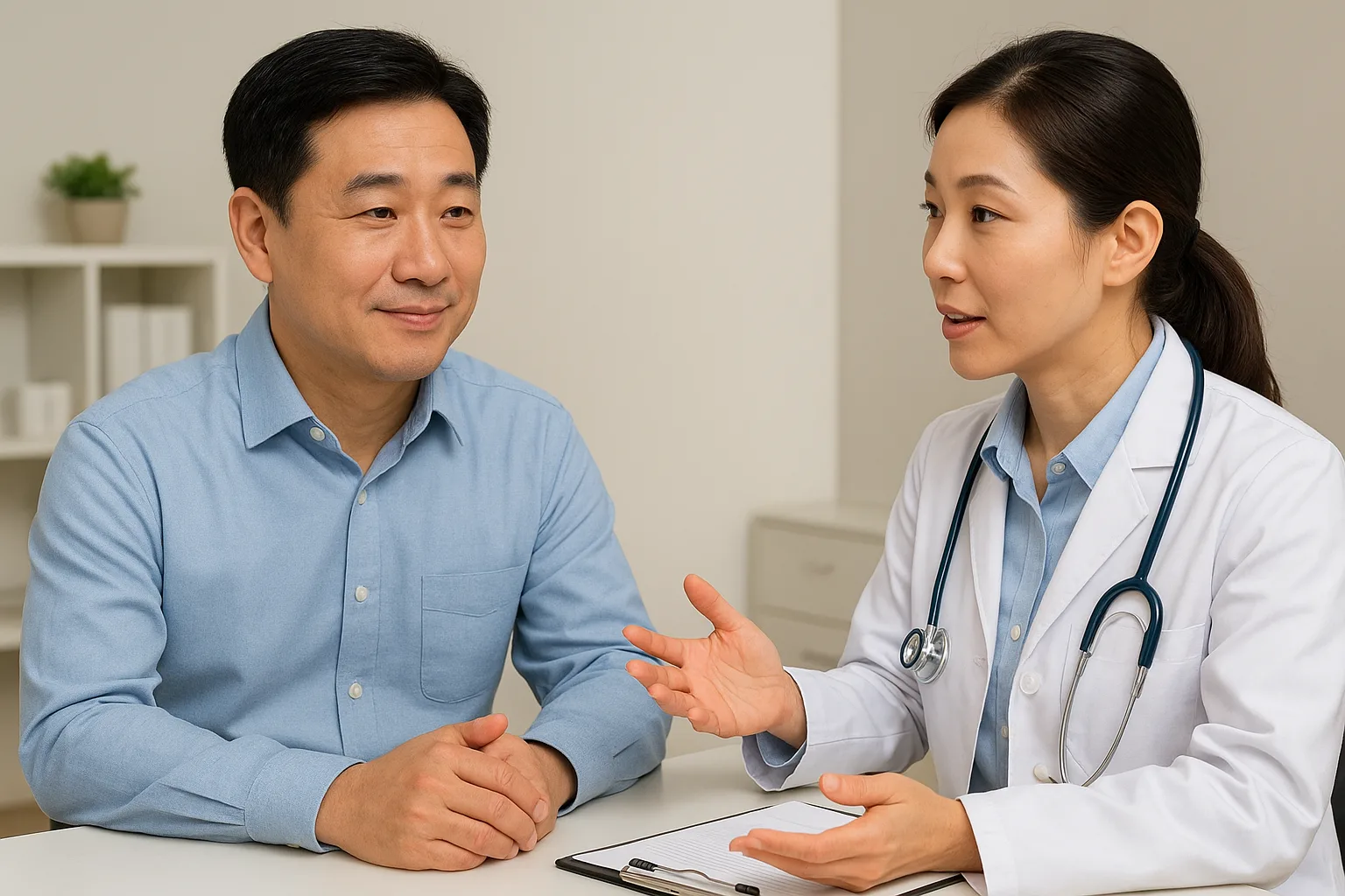 "한국인 남성이 건강검진 후 의사와 상담하고 있는 장면. 의사는 차트와 청진기를 들고 환자에게 친절히 설명하고 있다."