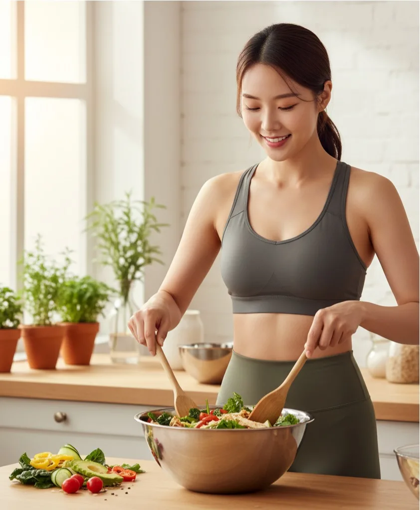 집 부엌에서 운동복을 입고 신선한 샐러드를 만드는 건강한 한국 여성