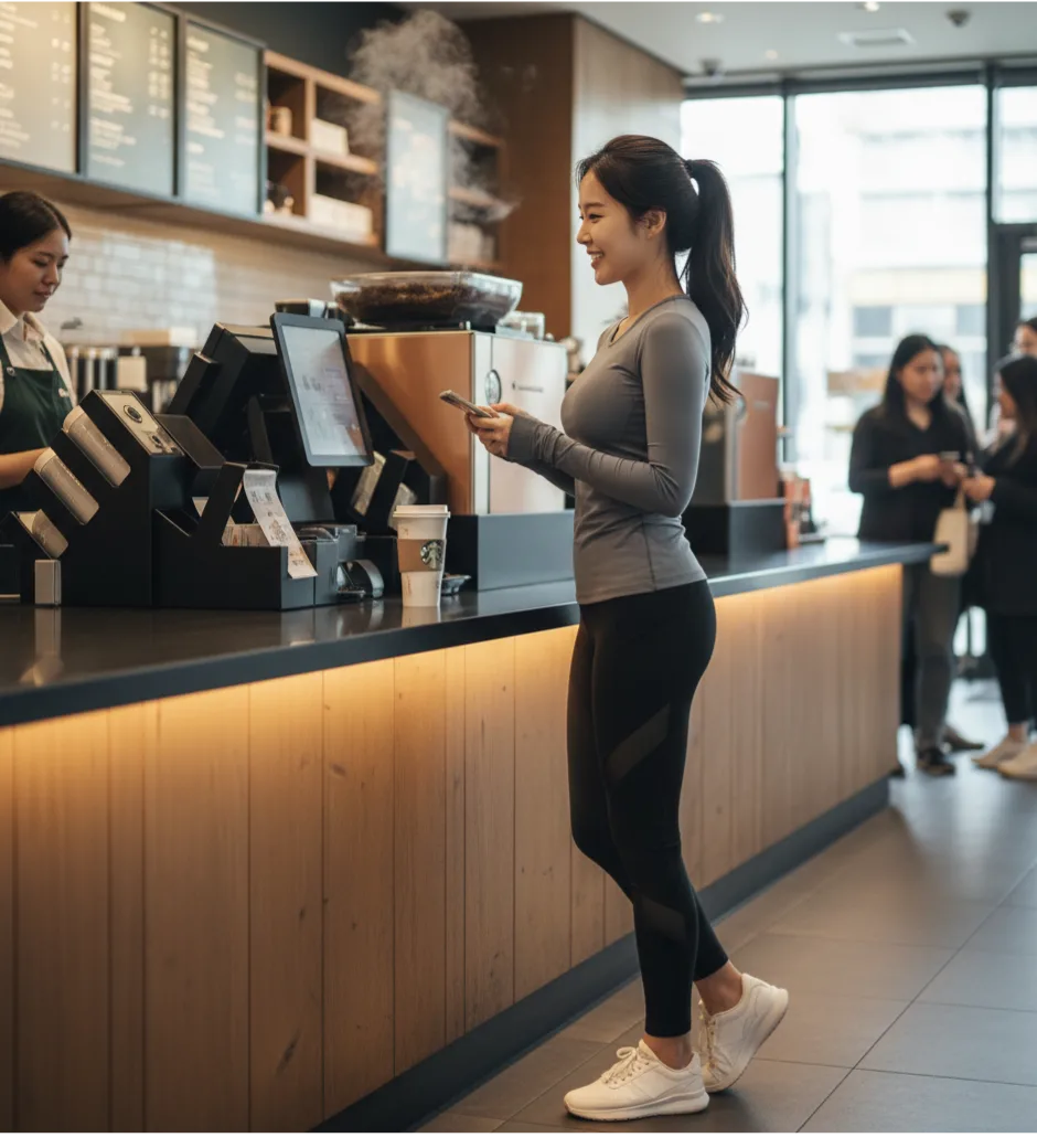 스타벅스에서 운동복을 입고 스마트폰으로 커피를 주문하는 밝은 표정의 한국 여성
