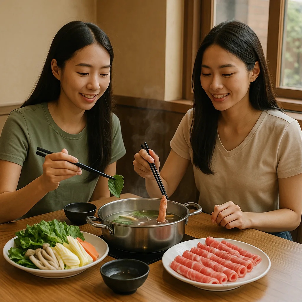 두 명의 한국 여성이 다이어트를 위해 신선한 채소와 소고기로 샤브샤브를 즐기며 식사하는 장면