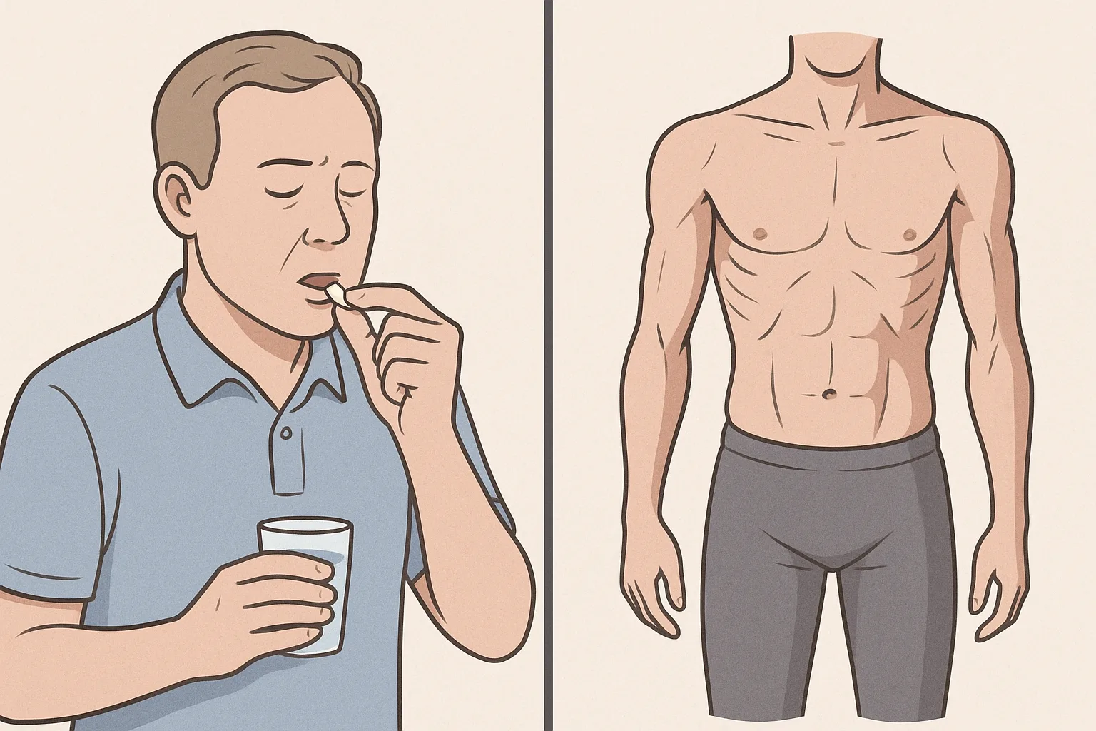 근육이완제를 복용하는 남성과 근손실을 겪는 남성의 비교 일러스트