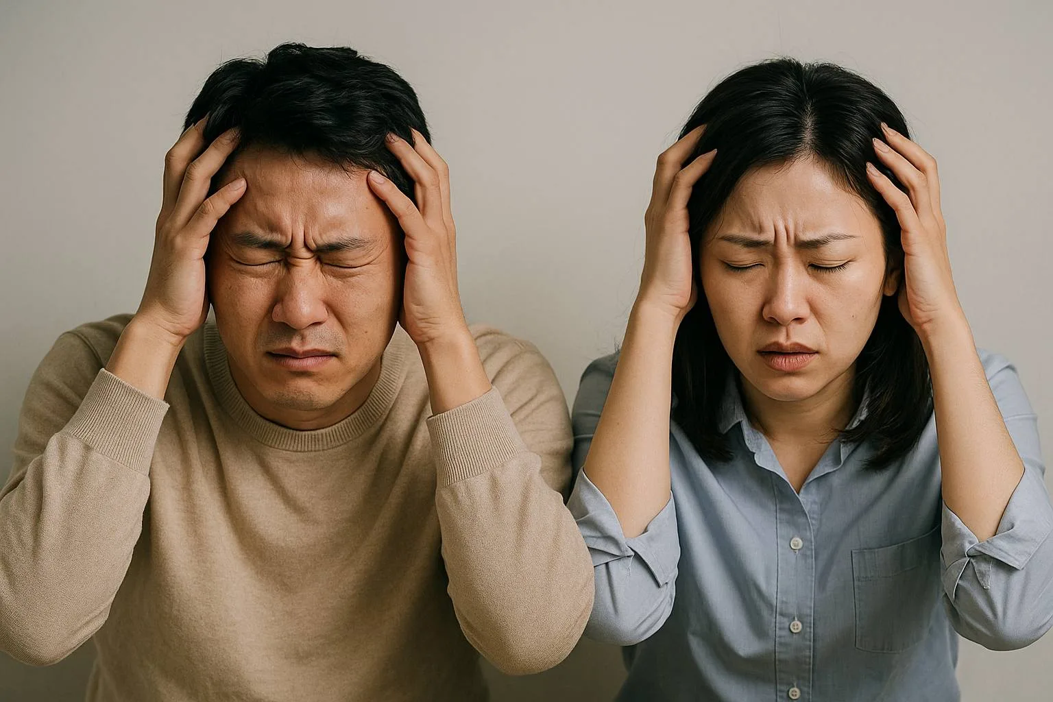 스트레스 받으며 머리를 감싸쥐고 있는 대한민국 성인 남녀의 모습