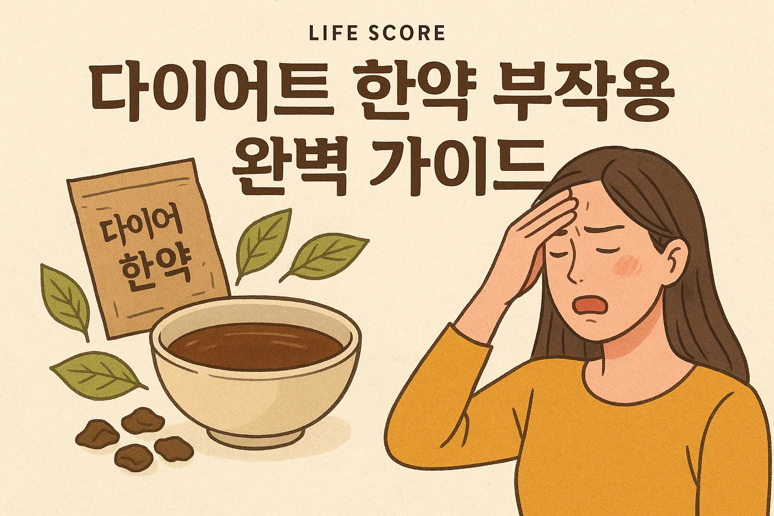 다이어트 한약 부작용 안내를 표현한 썸네일 이미지로, 한약 그릇과 두통을 호소하는 여성 일러스트가 포함된 그림
