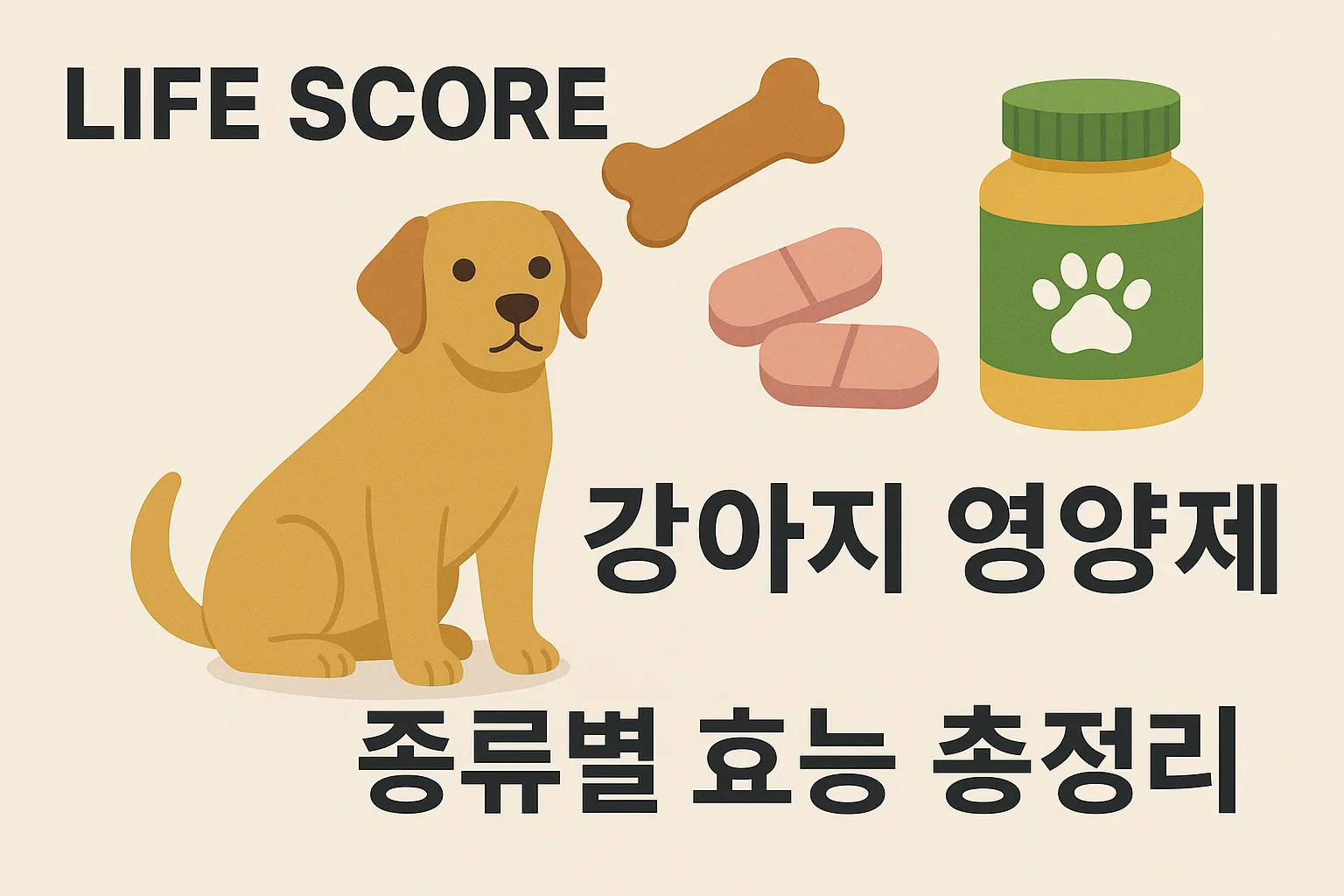 "강아지 영양제 종류별 효능을 소개하는 LIFE SCORE 블로그 썸네일 이미지"