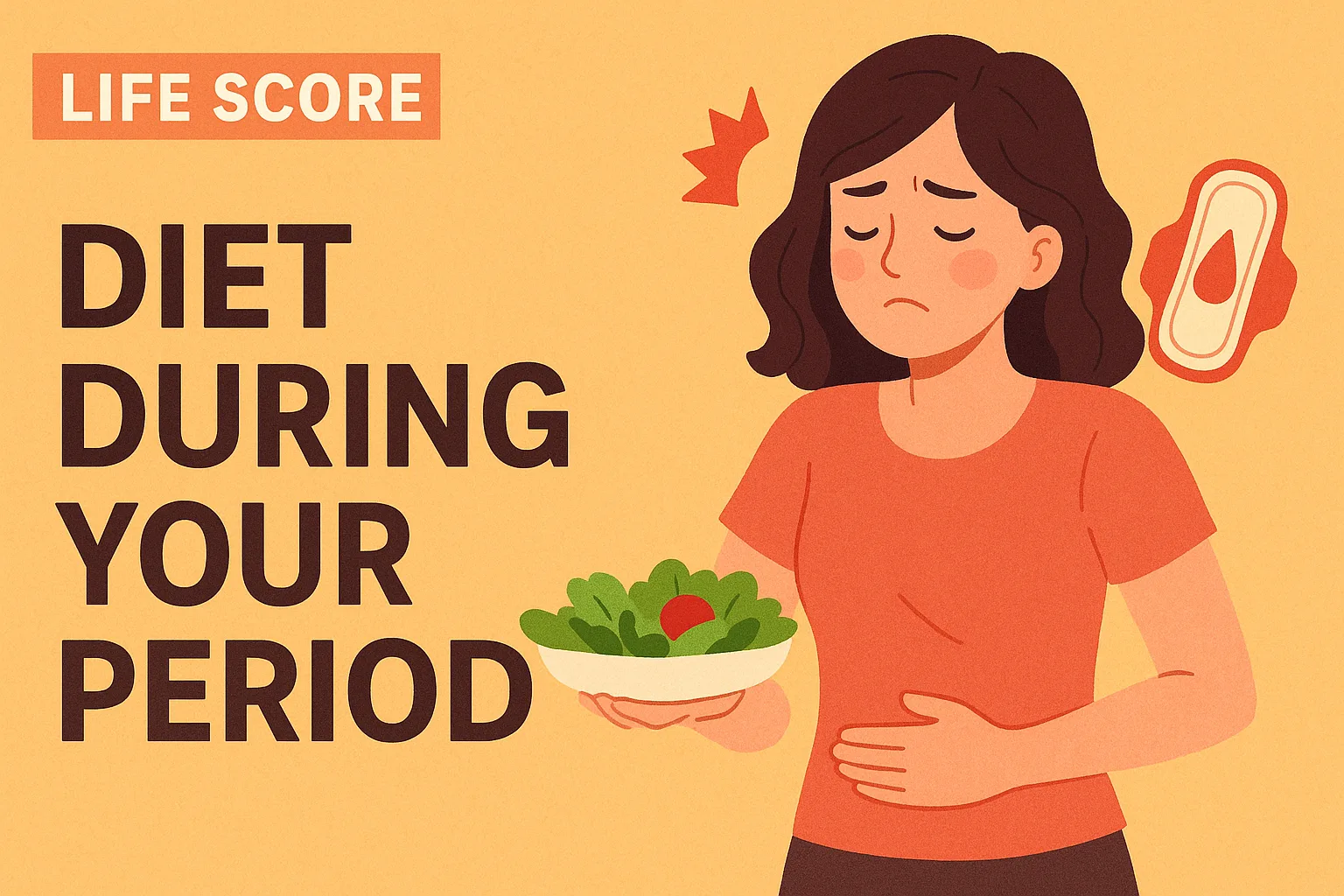 생리 중 다이어트 정보를 설명하는 썸네일 이미지로, 생리통을 느끼는 여성이 샐러드를 들고 있는 일러스트