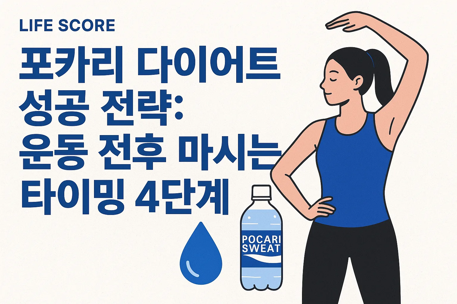 포카리 다이어트 성공 전략을 설명하는 가로형 썸네일 이미지로, 운동하는 여성과 포카리스웨트 병이 함께 배치된 디자인