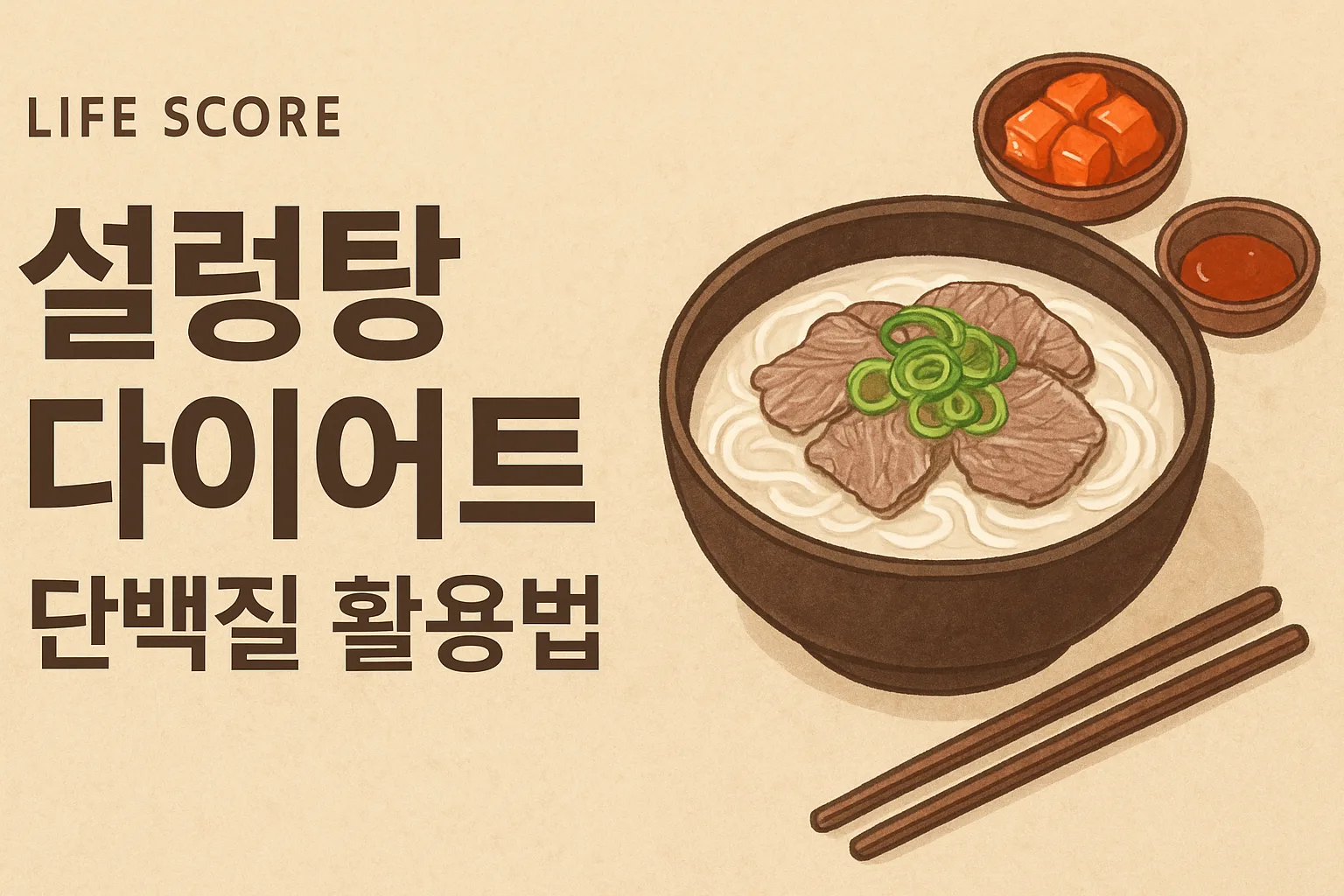 설렁탕 한 그릇과 깍두기, 젓가락이 함께 배치된 한국적인 스타일의 일러스트 썸네일 이미지로 설렁탕 다이어트 단백질 활용법을 소개하는 그림
